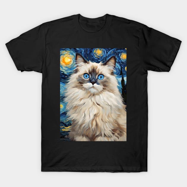 Cute Ragdoll Cat Breed Painting in a Van Gogh Starry Night Art Style T-Shirt by Art-Jiyuu